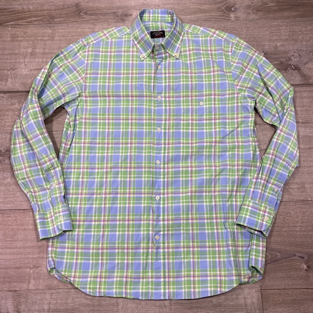 Paul & Shark Yachting Men's Plaid‎ Button Down Shirt Long Sleeve Blue Green 38